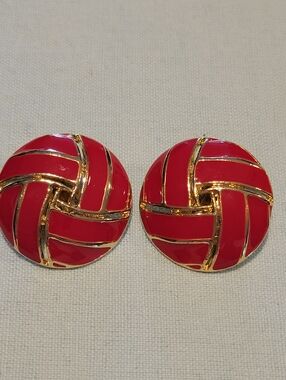 Red Enamel Gold-Tone Clip On   Earrings - Women Jewelry